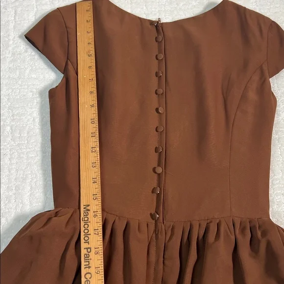 Vintage Dress First brown flare layered short cap sleeves covered buttons retro - Picture 7 of 12